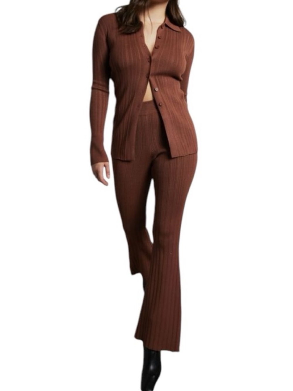 Dynamite Brown Set - Ribbed Knit Flare Pants and Button-up top